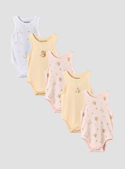 Pack of 5 Juniors Round Neck Sleeveless Bodysuit with Assorted Print-baby-girls-clothing-bodysuits-image-1