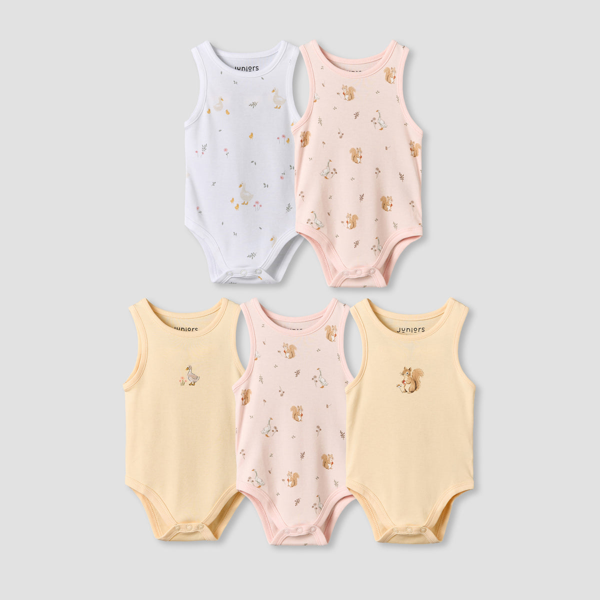 Pack of 5 Juniors Round Neck Sleeveless Bodysuit with Assorted Print