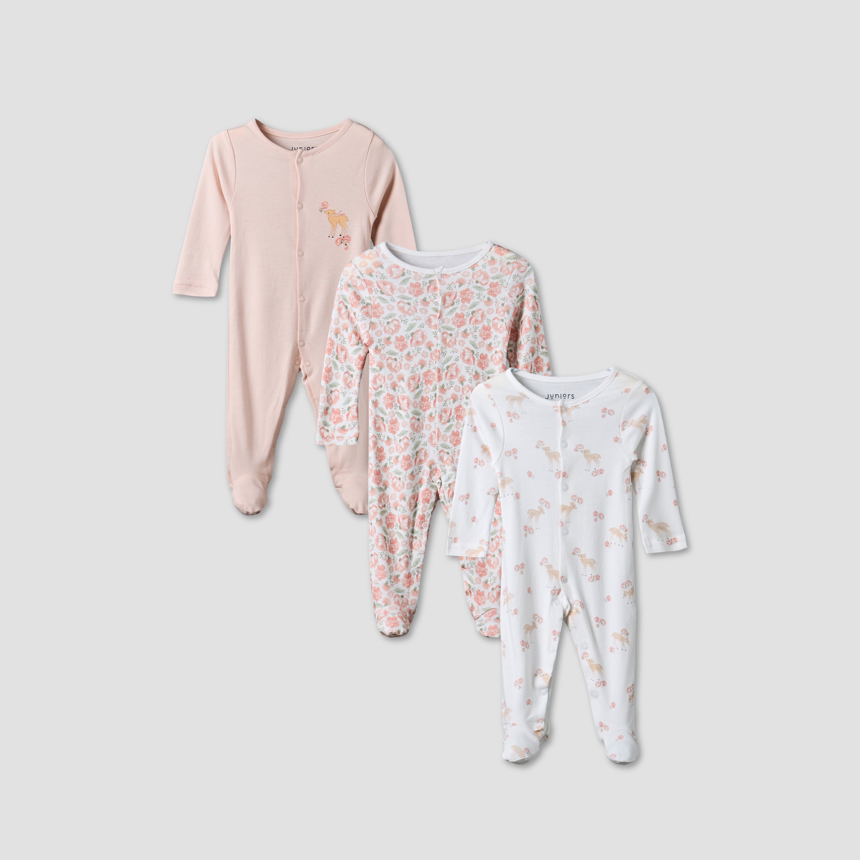 Pack of 3 Juniors Round Neck Long Sleeve Sleepsuit with Assorted Print - Pink / 12-18 mths