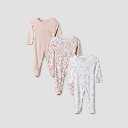 Pack of 3 Juniors Round Neck Long Sleeve Sleepsuit with Assorted Print - Pink / 12-18 mths