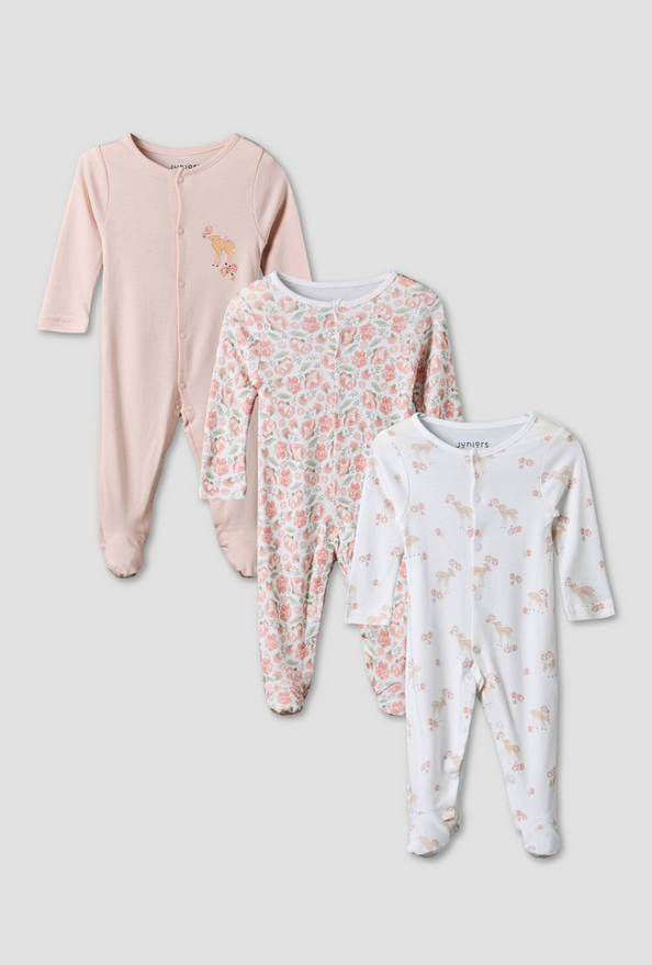 Pack of 3 Juniors Round Neck Long Sleeve Sleepsuit with Assorted Print