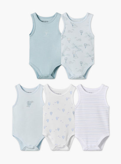 Pack of 5 Juniors Crew Neck Sleeveless Bodysuit with Hot Air Balloon Print-baby-boys-clothing-bodysuits-image-1