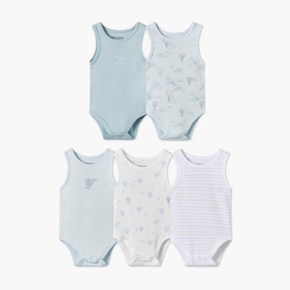 Pack of 5 Juniors Crew Neck Sleeveless Bodysuit with Hot Air Balloon Print - Blue / 12-18 mths