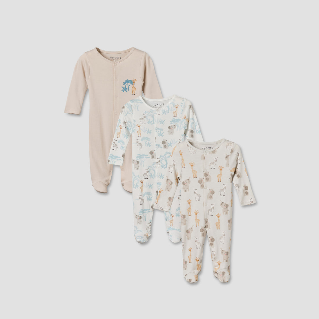 Pack of 3 Juniors Round Neck Long Sleeves Sleepsuit with Button Closure - Multicolour / 12-18 mths