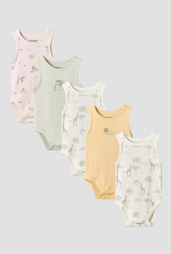 Pack of 5 Juniors Crew Neck Sleeveless Bodysuit with Safari Print