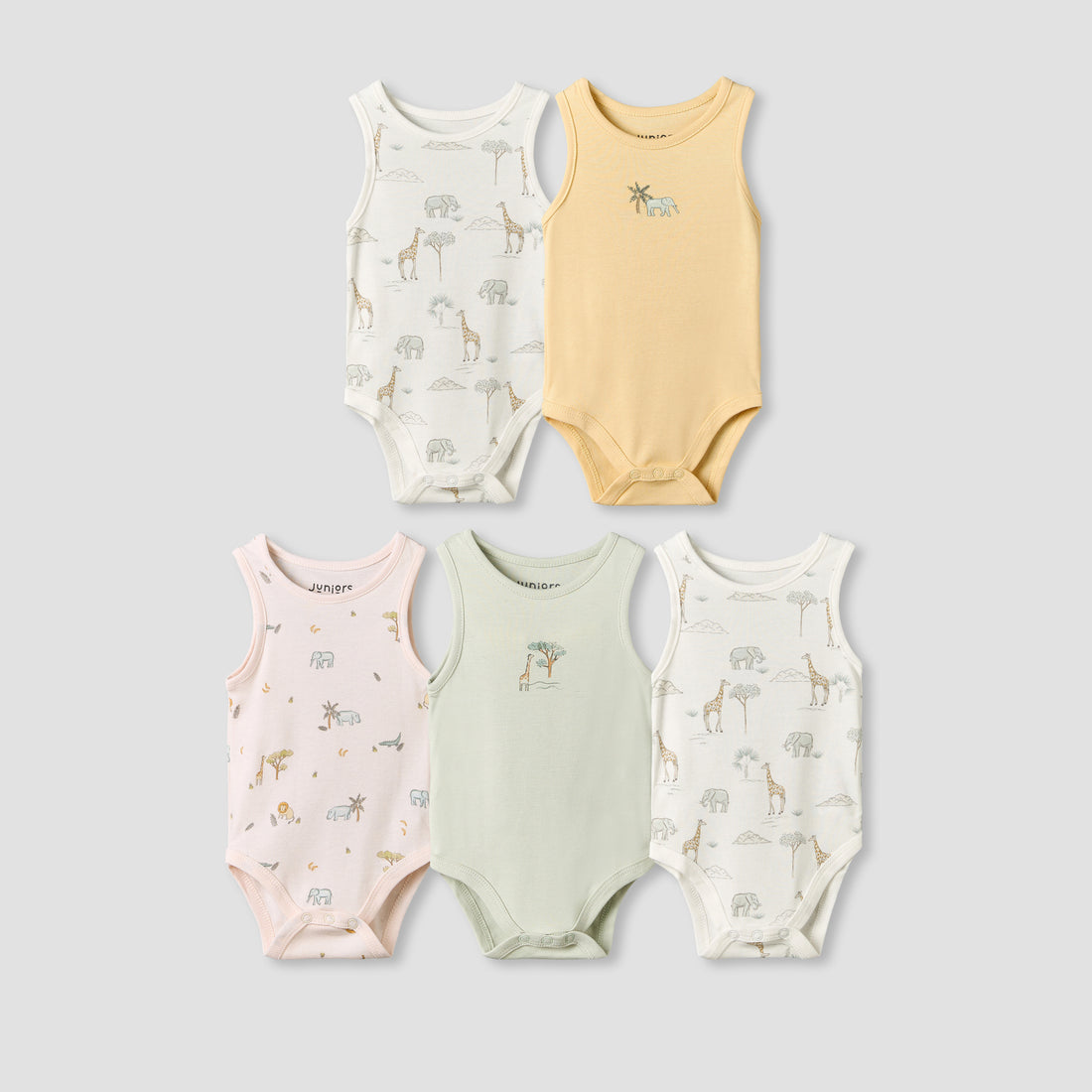 Pack of 5 Juniors Crew Neck Sleeveless Bodysuit with Safari Print