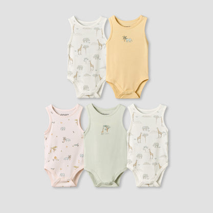 Pack of 5 Juniors Crew Neck Sleeveless Bodysuit with Safari Print
