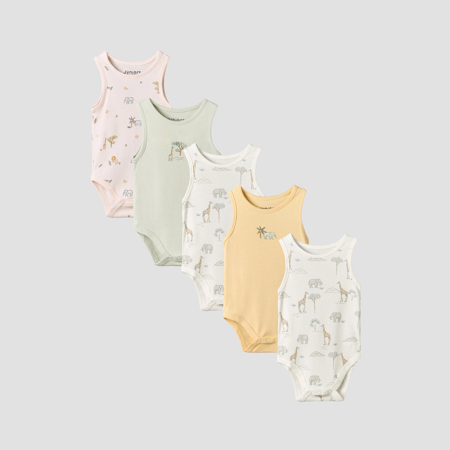 Pack of 5 Juniors Crew Neck Sleeveless Bodysuit with Safari Print - Multicolour / 18-24 mths
