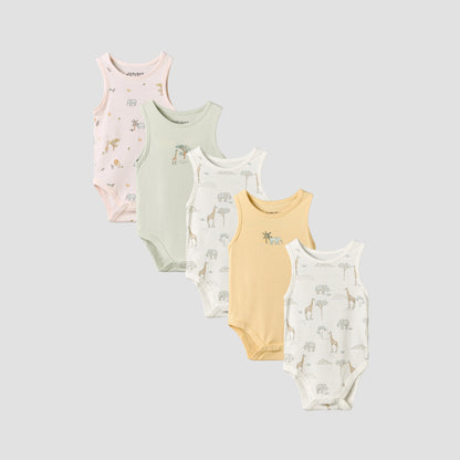 Pack of 5 Juniors Crew Neck Sleeveless Bodysuit with Safari Print - Multicolour / 18-24 mths
