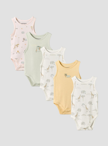 Pack of 5 Juniors Crew Neck Sleeveless Bodysuit with Safari Print-baby-boys-clothing-bodysuits-image-1