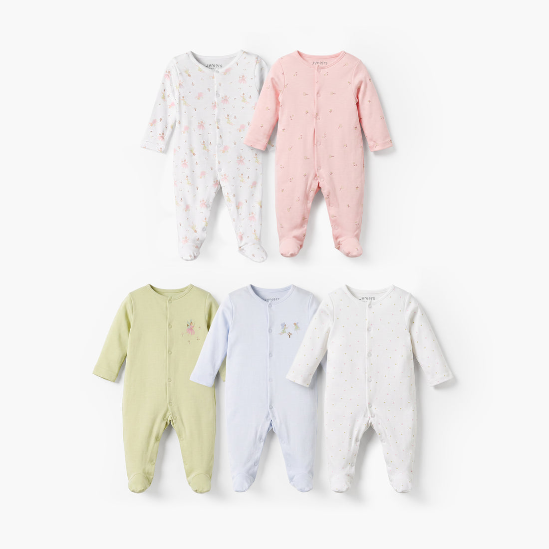 Pack of 5 Juniors Round Neck Long Sleeves Sleepsuits with Fairy Print