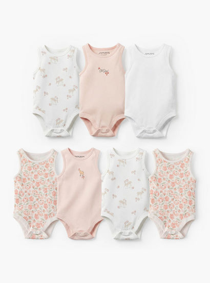 Pack of 7Juniors Bamboo Round Neck Sleeveless Bodysuit with Assorted Print-baby-girls-clothing-bodysuits-image-1
