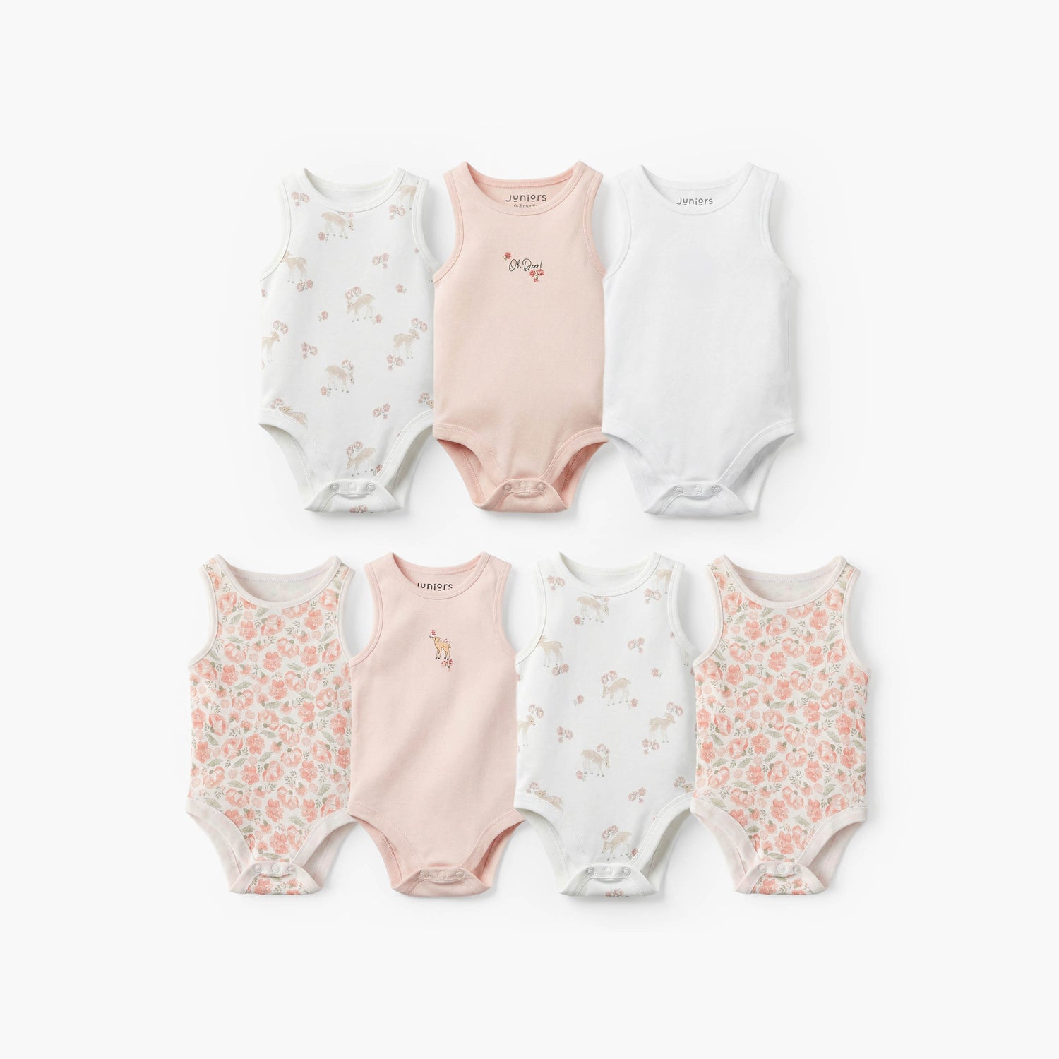 Pack of 7Juniors Bamboo Round Neck Sleeveless Bodysuit with Assorted Print - Pink / 12-18 mths
