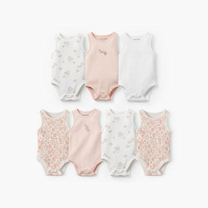 Pack of 7Juniors Bamboo Round Neck Sleeveless Bodysuit with Assorted Print - Pink / 12-18 mths