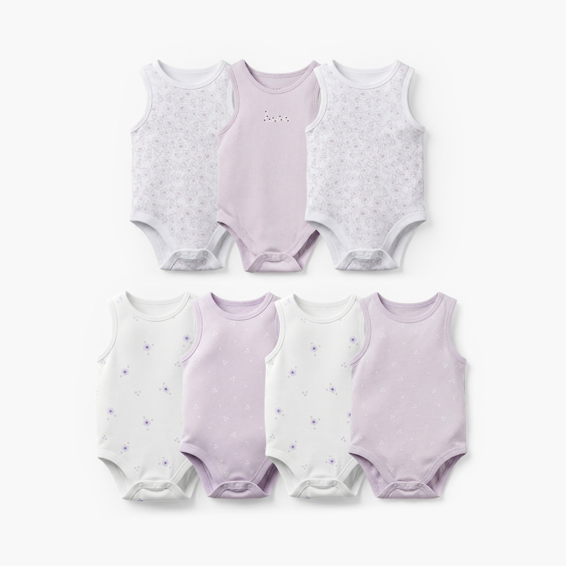 Pack of 7 Juniors Bamboo Cotton Round Neck Sleeveless Bodysuit with Floral Print - Purple / 18-24 mths