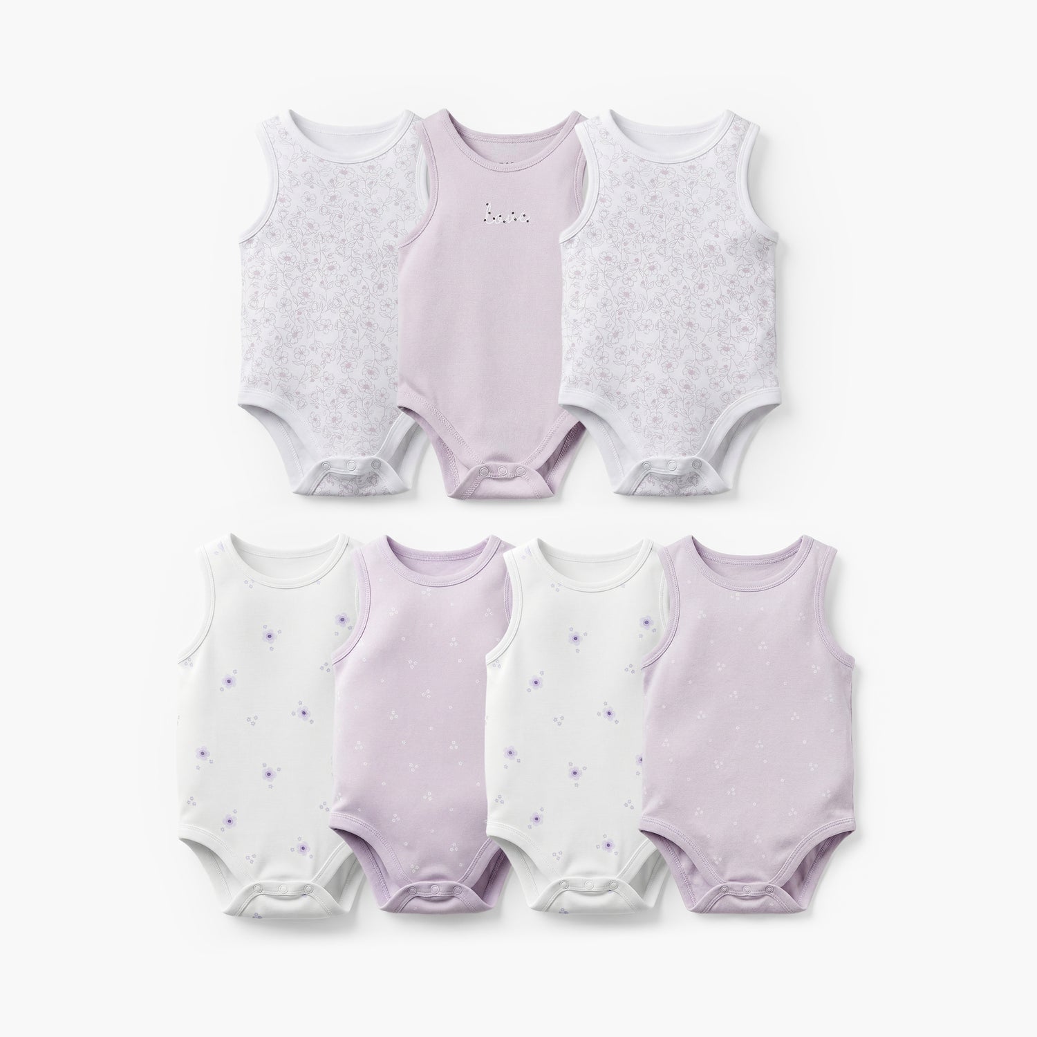 Pack of 7 Juniors Bamboo Cotton Round Neck Sleeveless Bodysuit with Floral Print - Purple / 18-24 mths