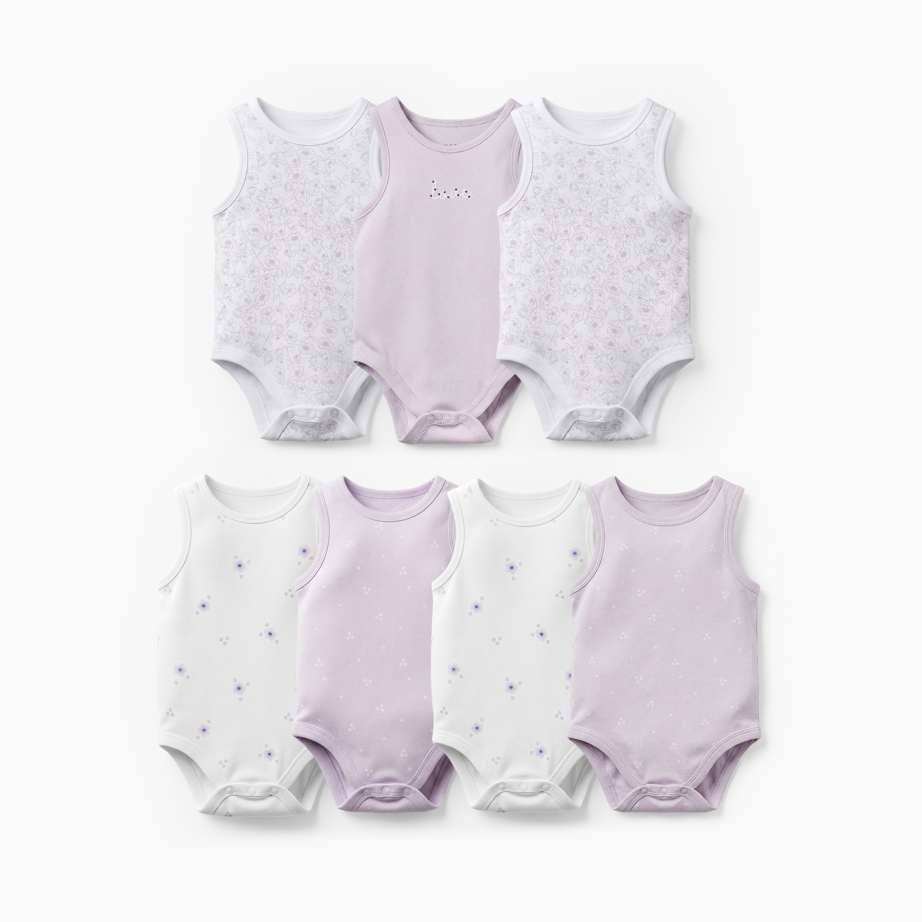 Pack of 7 Juniors Bamboo Cotton Round Neck Sleeveless Bodysuit with Floral Print - Purple / 18-24 mths