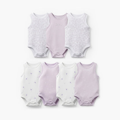 Pack of 7 Juniors Bamboo Cotton Round Neck Sleeveless Bodysuit with Floral Print - Purple / 18-24 mths