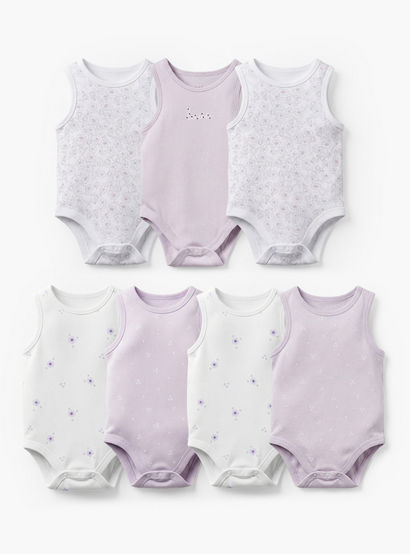 Pack of 7 Juniors Bamboo Cotton Round Neck Sleeveless Bodysuit with Floral Print-baby-girls-clothing-bodysuits-image-1