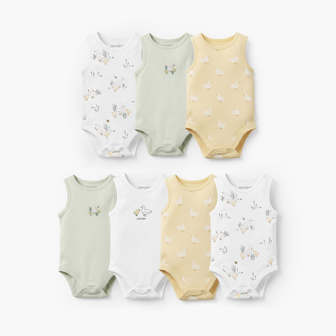 Pack of 7 Juniors Crew Neck Sleeveless Bodysuit with Duck Print - Yellow / 18-24 mths