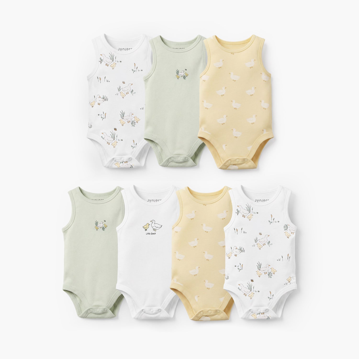 Pack of 7 Juniors Crew Neck Sleeveless Bodysuit with Duck Print - Yellow / 18-24 mths