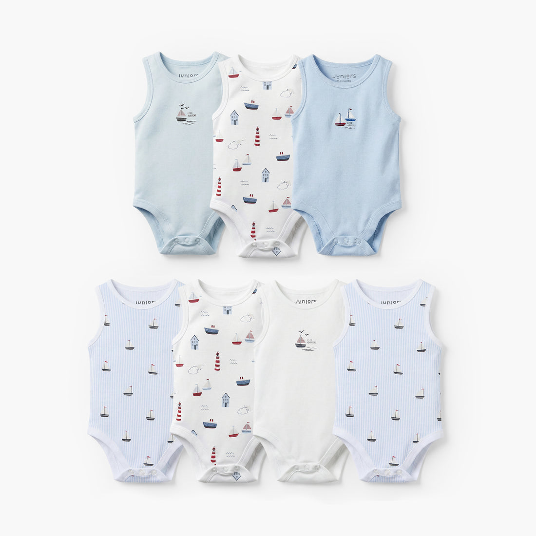 Pack of 7 Juniors Round Neck Sleeveless Bodysuit with Nautical Print - Blue / 12-18 mths