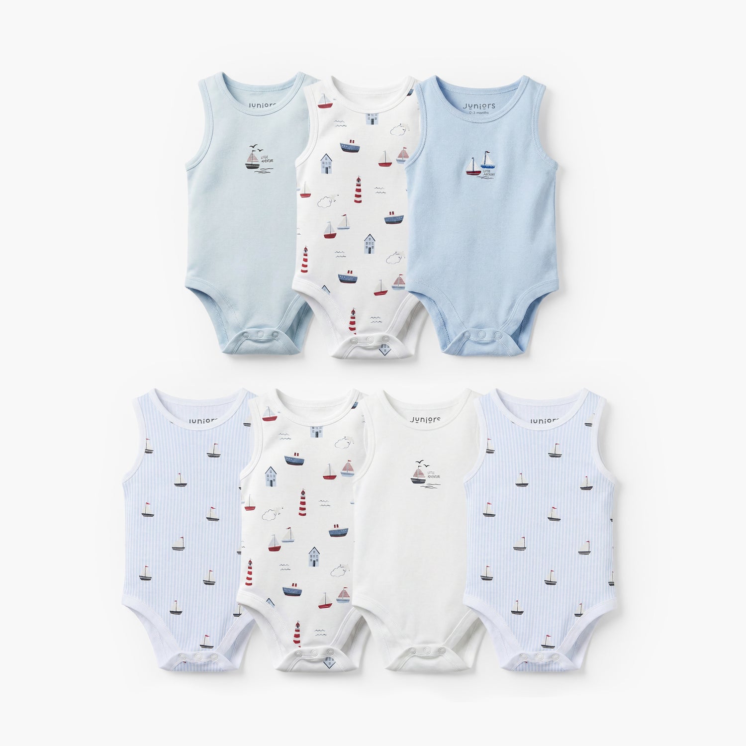 Pack of 7 Juniors Round Neck Sleeveless Bodysuit with Nautical Print - Blue / 12-18 mths