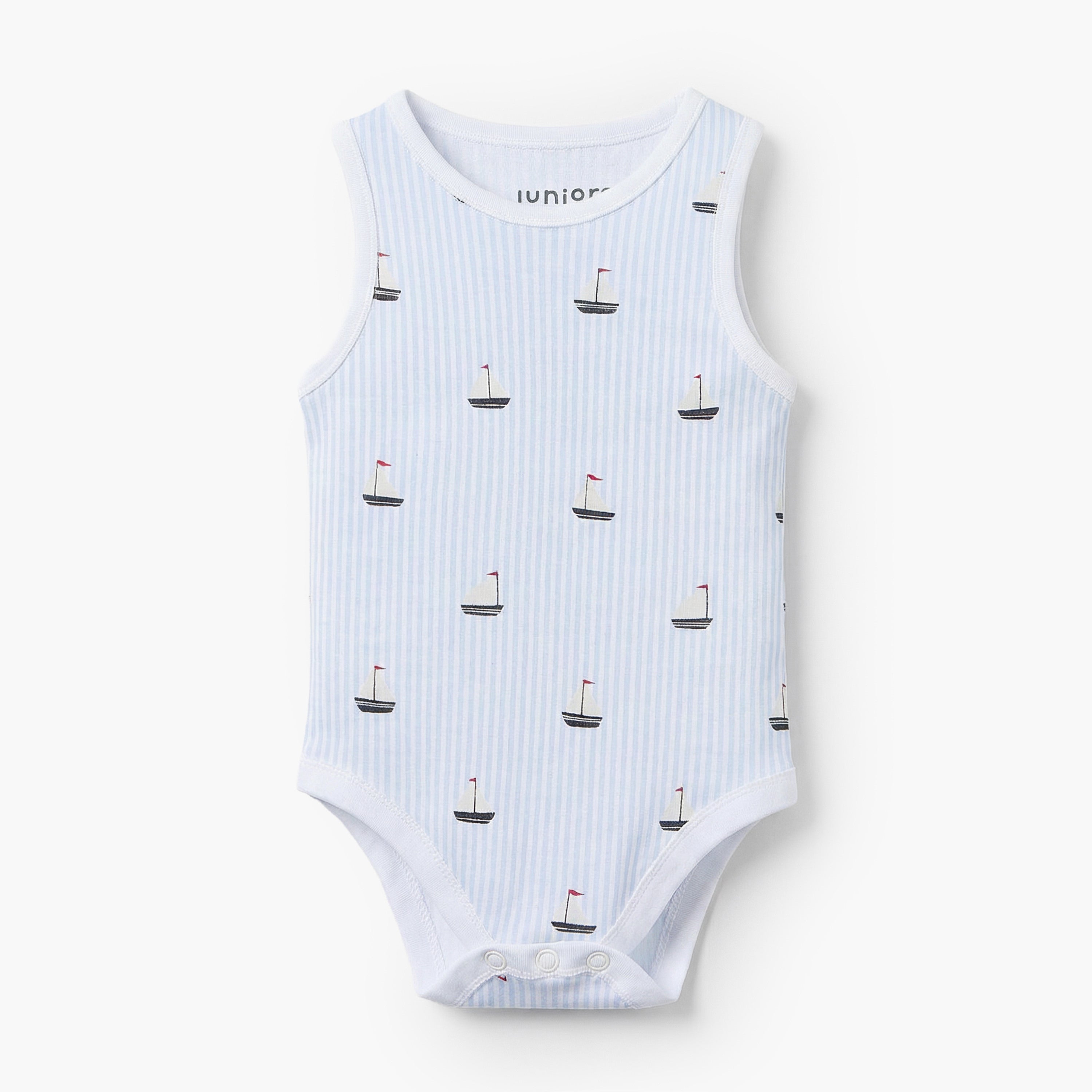 Pack of 7 Juniors Round Neck Sleeveless Bodysuit with Nautical Print