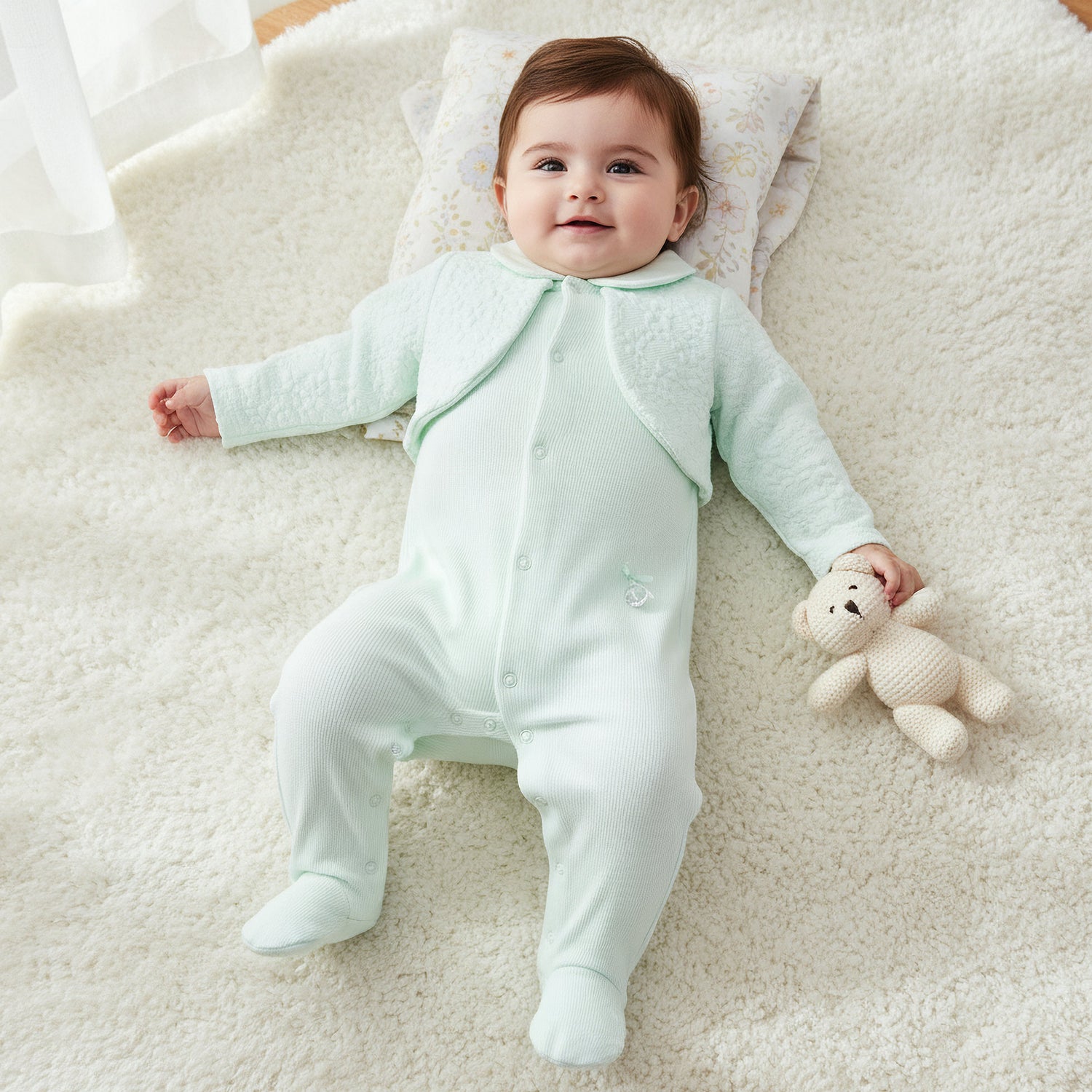 Giggles Collared Neck Sleepsuit with Snap Button Closure - Cotton - Long Sleeves - Green / 9-12 mths