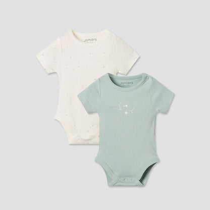 Juniors Round Neck Bodysuit with Snap Button Closure - Short Sleeves - Set of 2 - Green / 0-3 mths