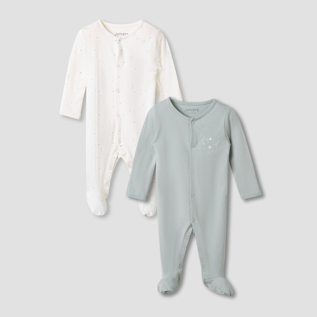 Juniors Round Neck Sleepsuit with Snap Button Closure - Long Sleeves - Set of 2 - Multicolour / 0-3 mths