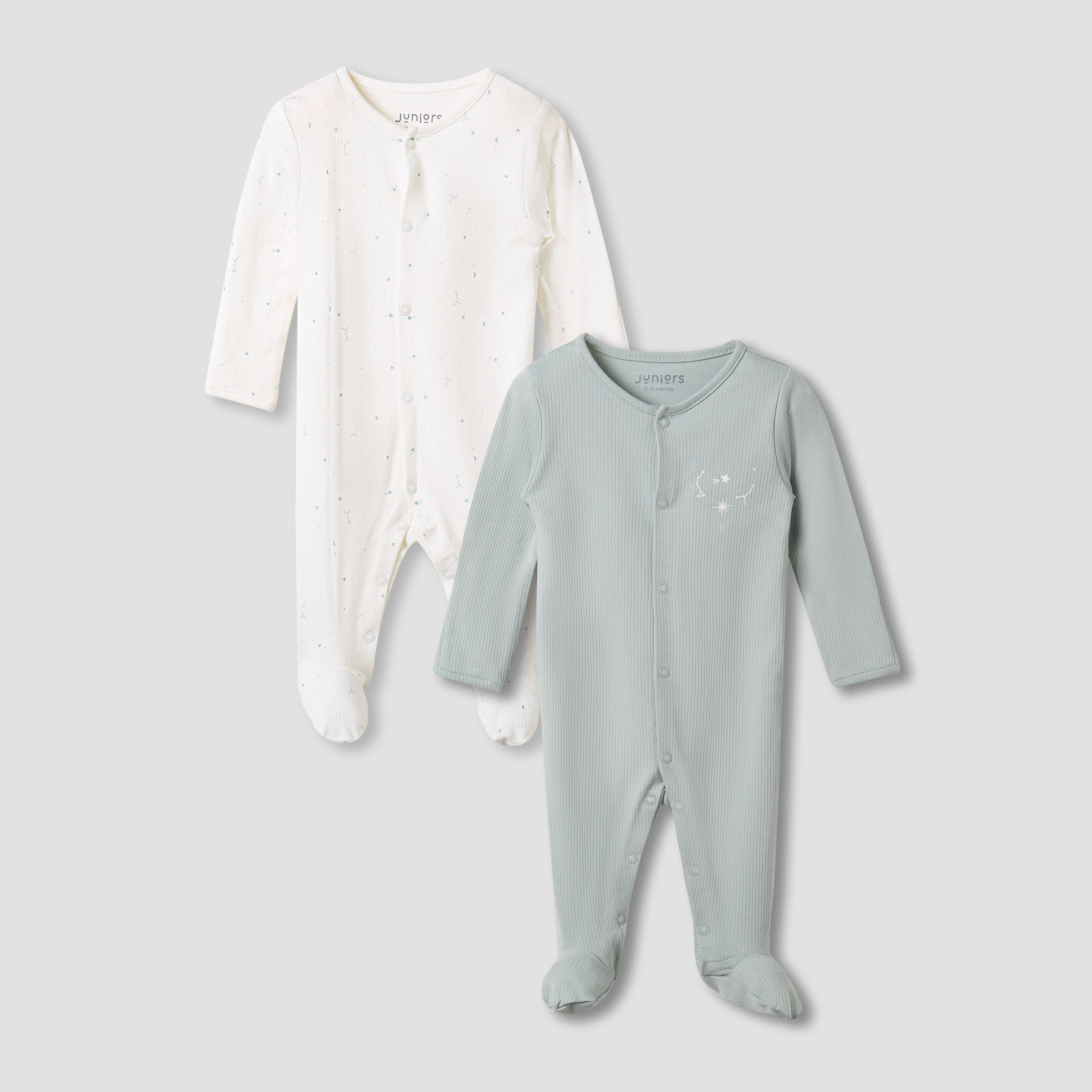 Juniors Round Neck Sleepsuit with Snap Button Closure - Long Sleeves - Set of 2 - Multicolour / 0-3 mths