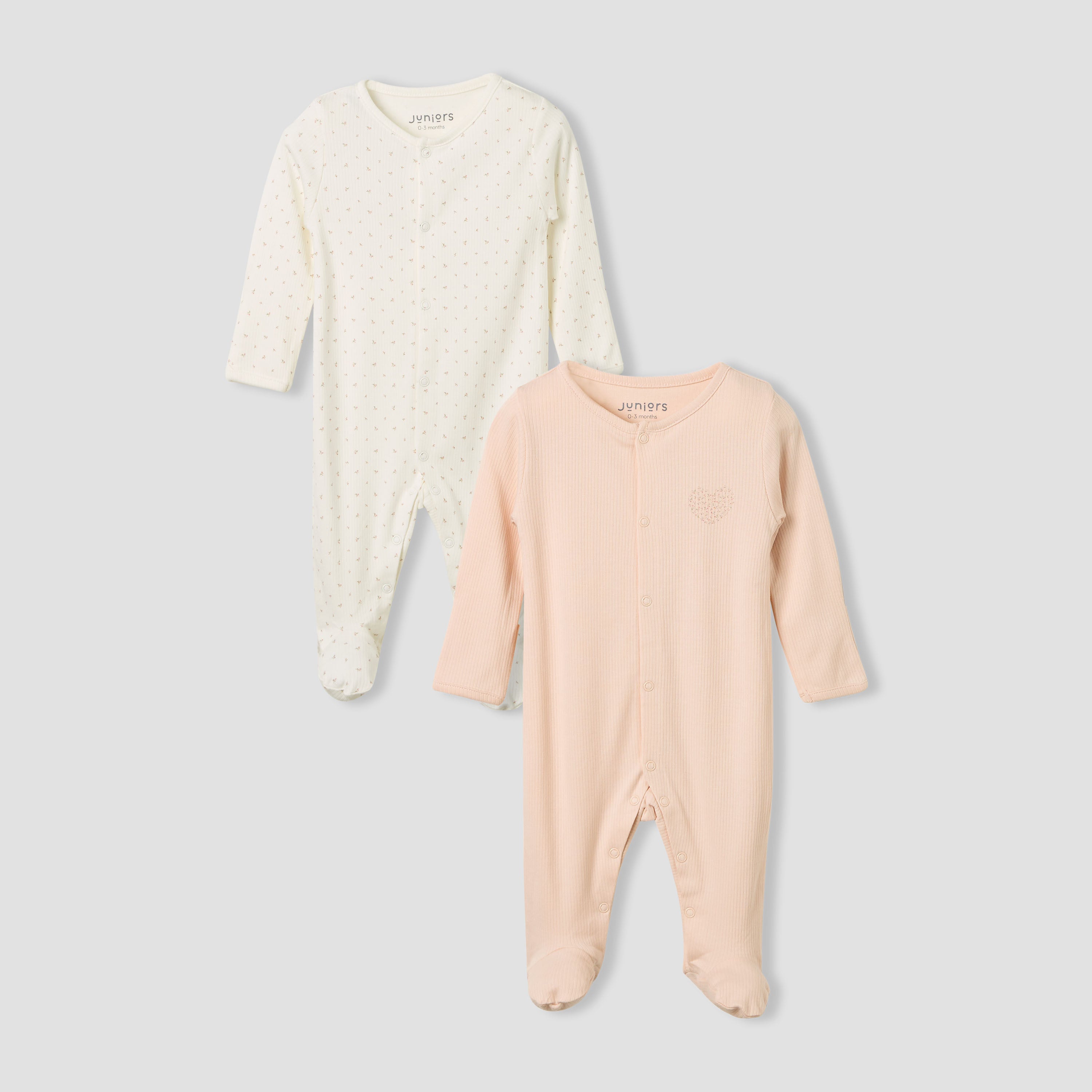 Juniors Round Neck Sleepsuit with Snap Button Closure - Long Sleeves - Set of 2 - Pink / 0-3 mths