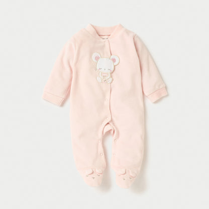 Juniors Mouse Applique Closed Feet Velour Sleepsuit with Button Closure - Pink / 9-12 mths