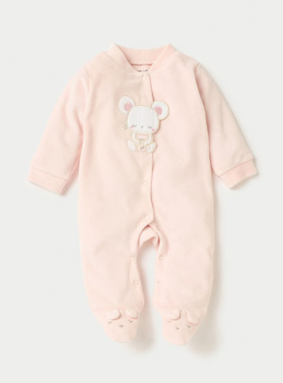 Juniors Mouse Applique Closed Feet Velour Sleepsuit with Button Closure-baby-girls-clothing-nightwear-sleepsuits-image-1