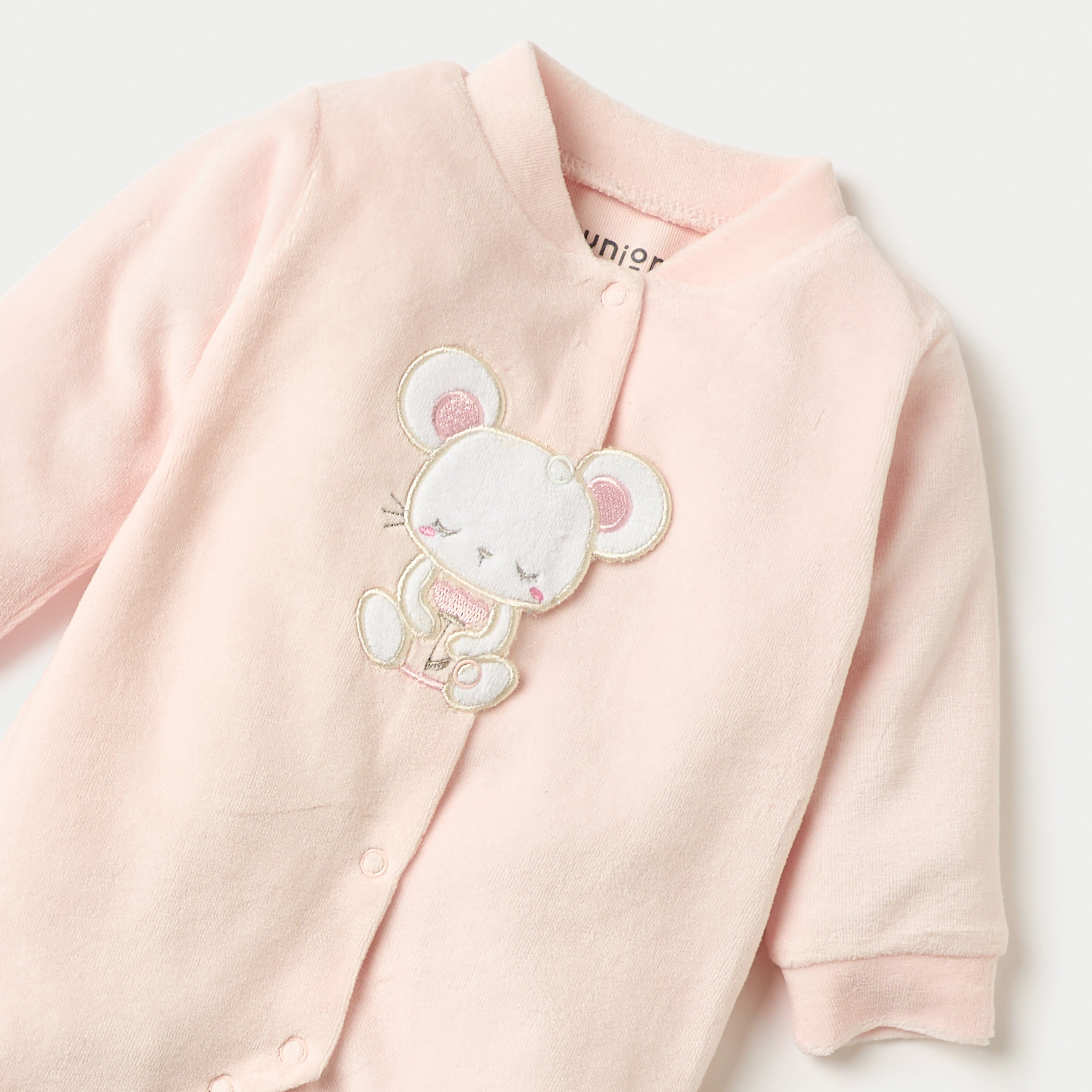 Juniors Mouse Applique Closed Feet Velour Sleepsuit with Button Closure