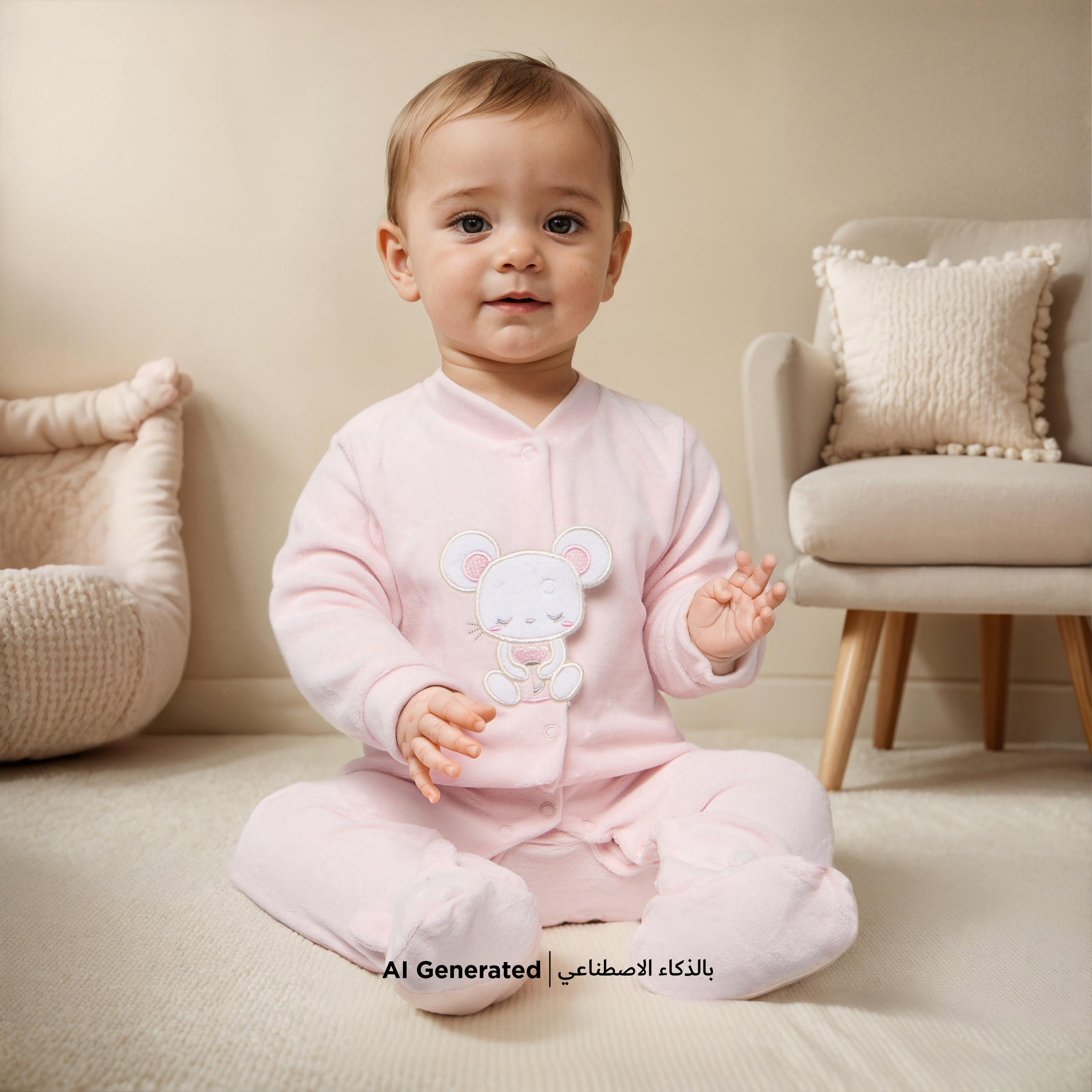Juniors Mouse Applique Closed Feet Velour Sleepsuit with Button Closure