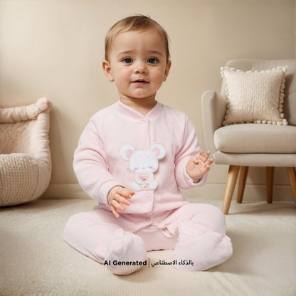 Juniors Mouse Applique Closed Feet Velour Sleepsuit with Button Closure