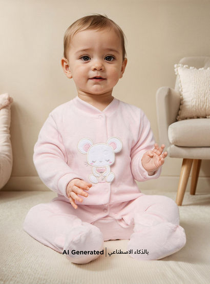 Juniors Mouse Applique Closed Feet Velour Sleepsuit with Button Closure-baby-girls-clothing-nightwear-sleepsuits-image-5