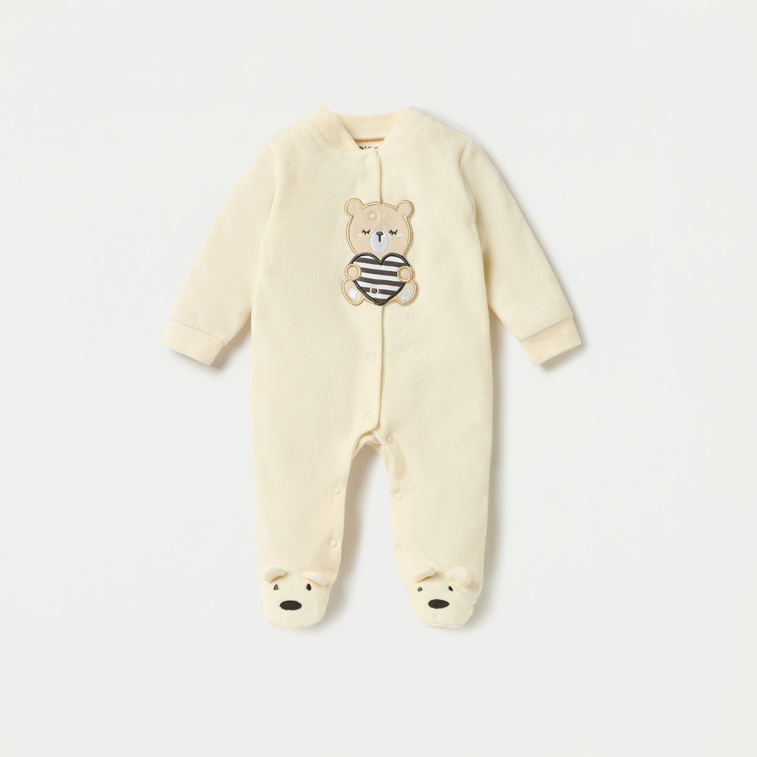 Juniors Bear Applique Velour Closed Feet Sleepsuit with Snap Button Closure - Yellow / 9-12 mths