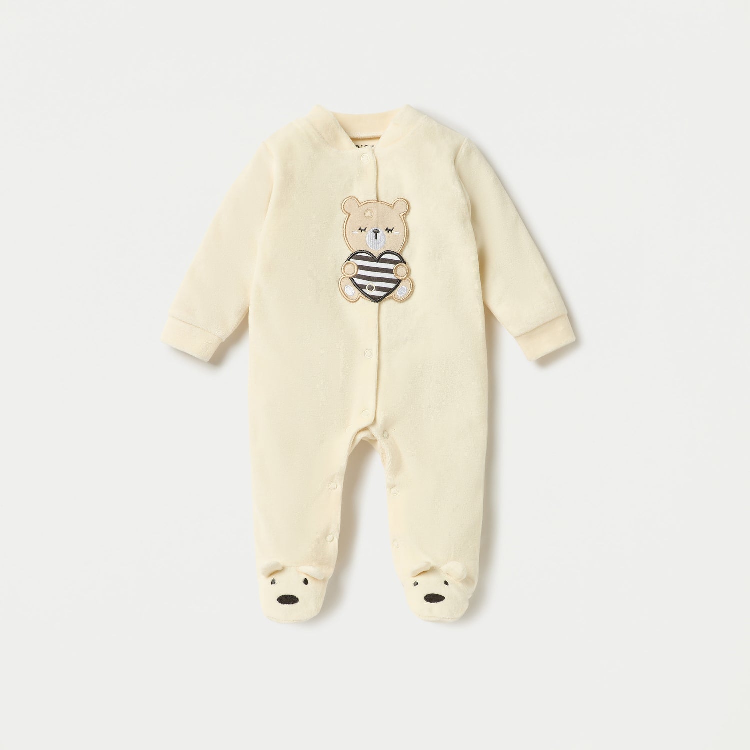 Juniors Bear Applique Velour Closed Feet Sleepsuit with Snap Button Closure - Yellow / 9-12 mths