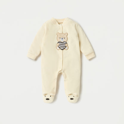Juniors Bear Applique Velour Closed Feet Sleepsuit with Snap Button Closure - Yellow / 9-12 mths