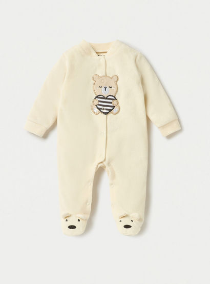Juniors Bear Applique Velour Closed Feet Sleepsuit with Snap Button Closure-baby-boys-clothing-nightwear-sleepsuits-image-1