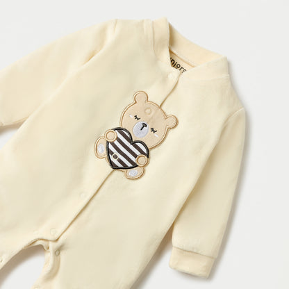 Juniors Bear Applique Velour Closed Feet Sleepsuit with Snap Button Closure