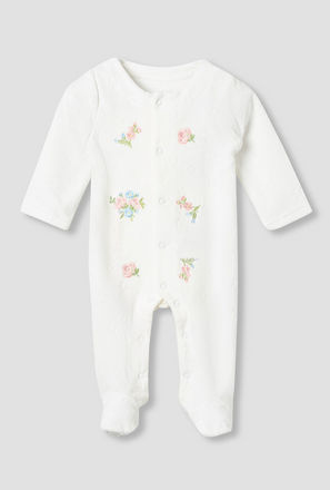 Juniors Crew Neck Sleepsuit with Floral Embroidery - Cotton Blend - Long Sleeves