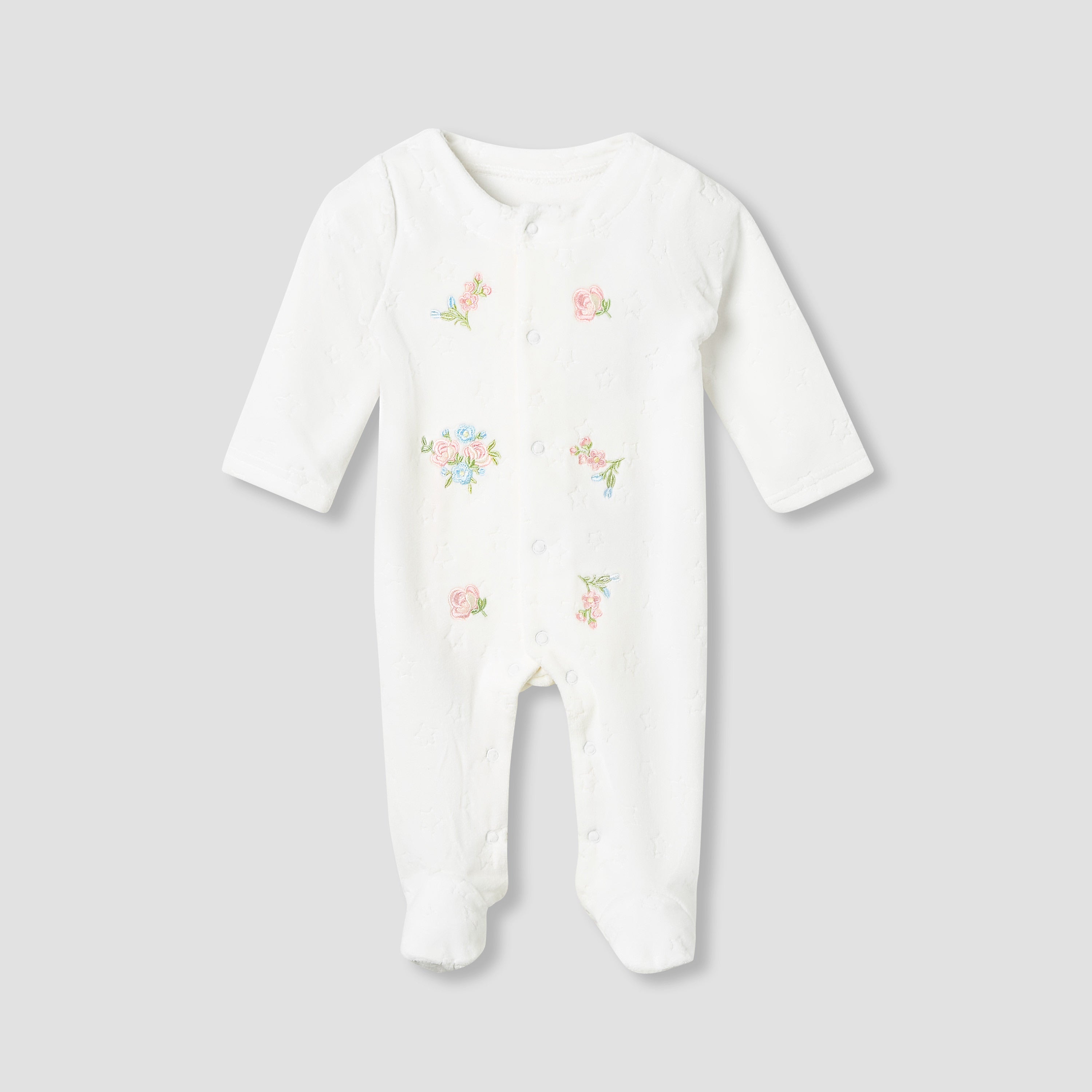 Juniors Crew Neck Sleepsuit with Floral Embroidery - Cotton Blend - Long Sleeves - White / 9-12 mths
