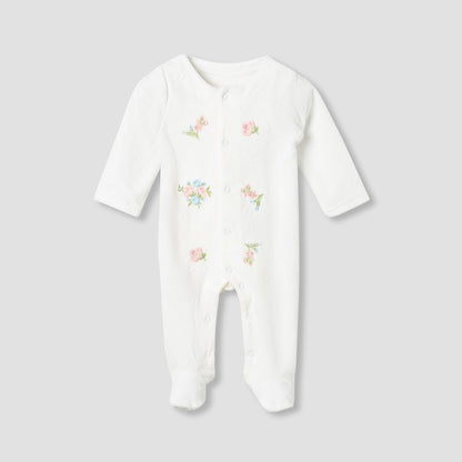 Juniors Crew Neck Sleepsuit with Floral Embroidery - Cotton Blend - Long Sleeves - White / 9-12 mths