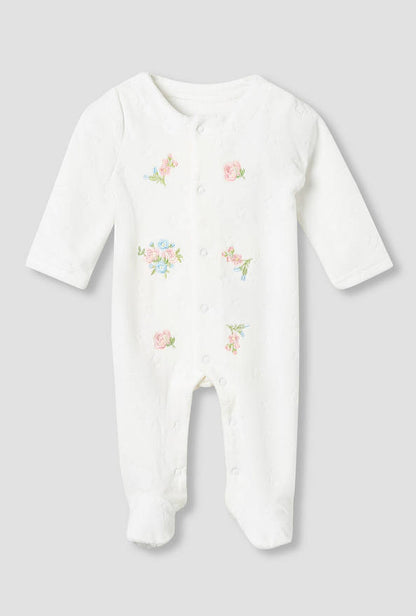 Juniors Crew Neck Sleepsuit with Floral Embroidery - Cotton Blend - Long Sleeves