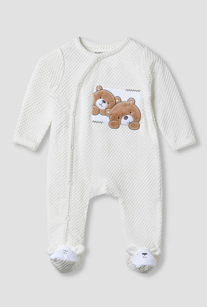 Juniors Crew Neck Sleepsuit with Bear Applique - Cotton Blend - Long Sleeves