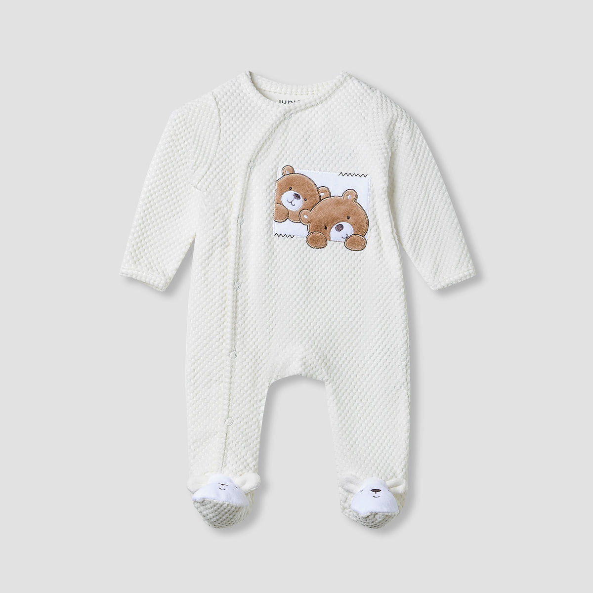 Juniors Crew Neck Sleepsuit with Bear Applique - Cotton Blend - Long Sleeves